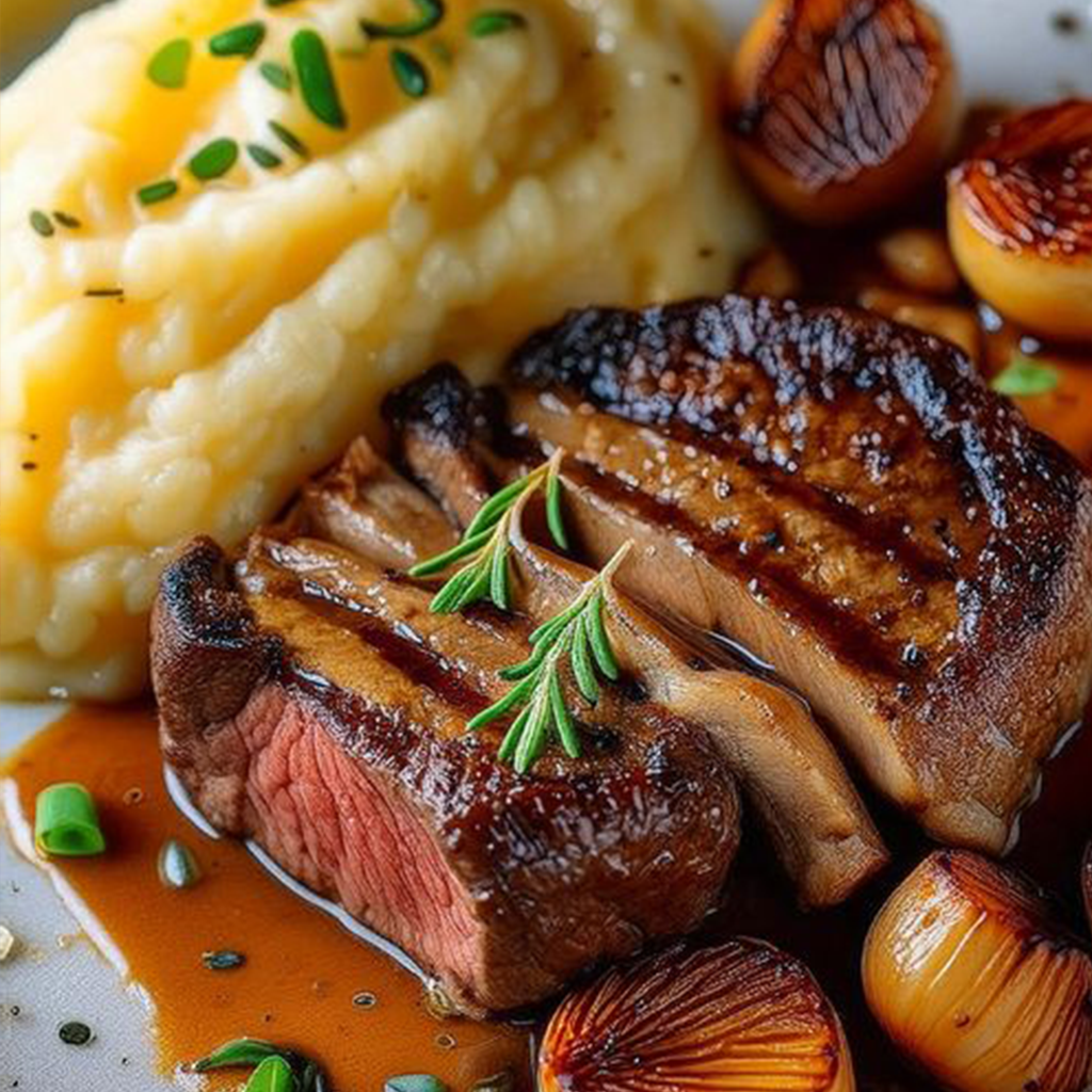 🥩🧅🥔 Ribeye Steak with Caramelized Onions and Mashed Potatoes 🍽