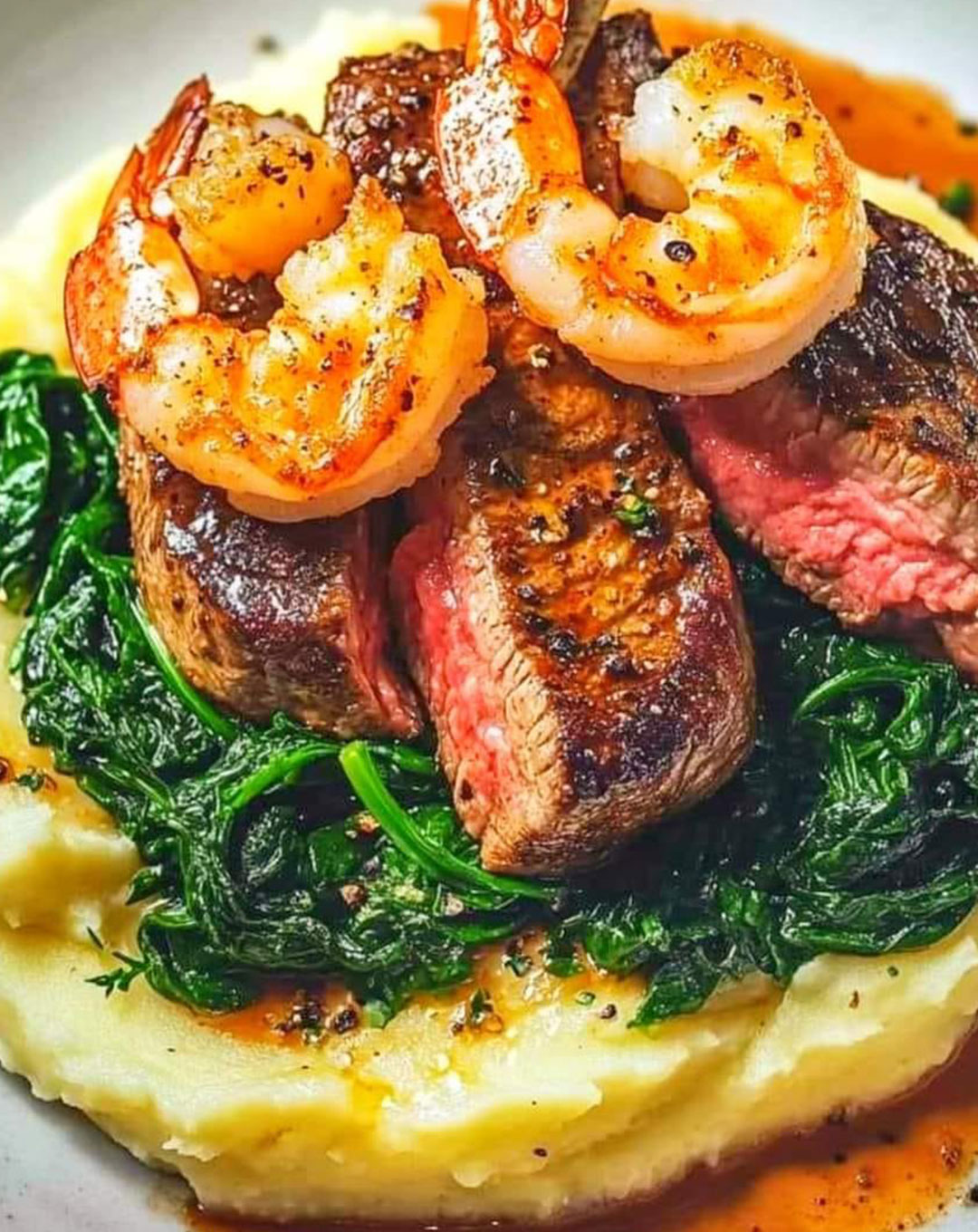 Seared Steak and Creamy Cajun Shrimp with Sautéed Spinach and Mashed Yukon Potatoes