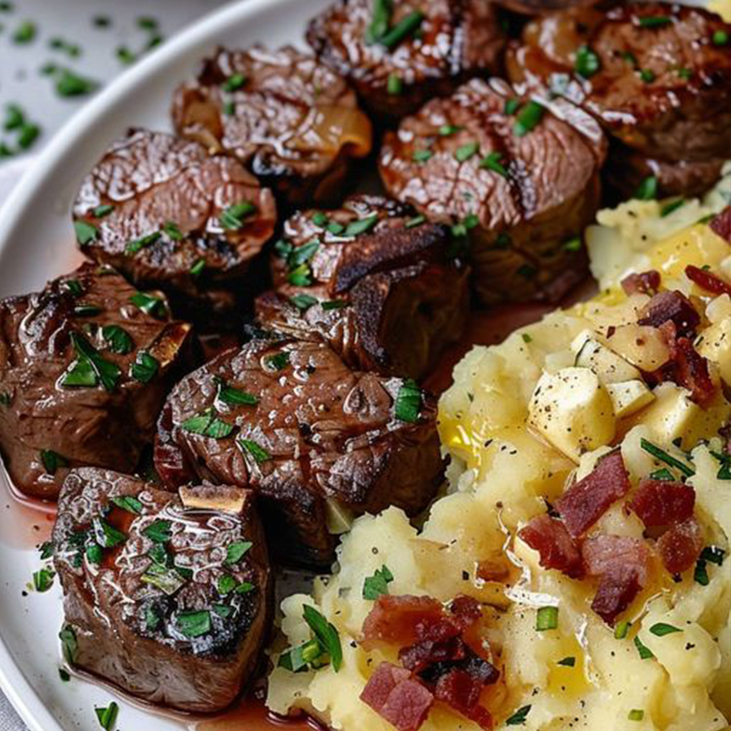 Garlic Butter Steak Bites with Cheesy Smashed Potatoes