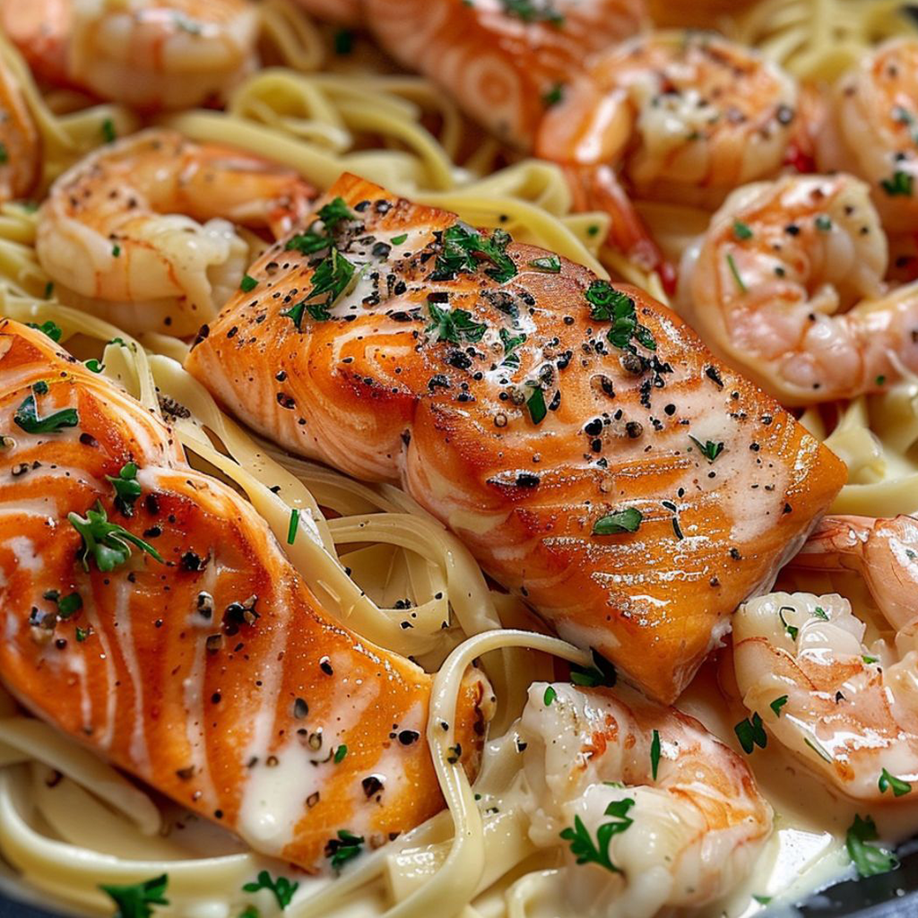 Salmon and Shrimp Alfredo