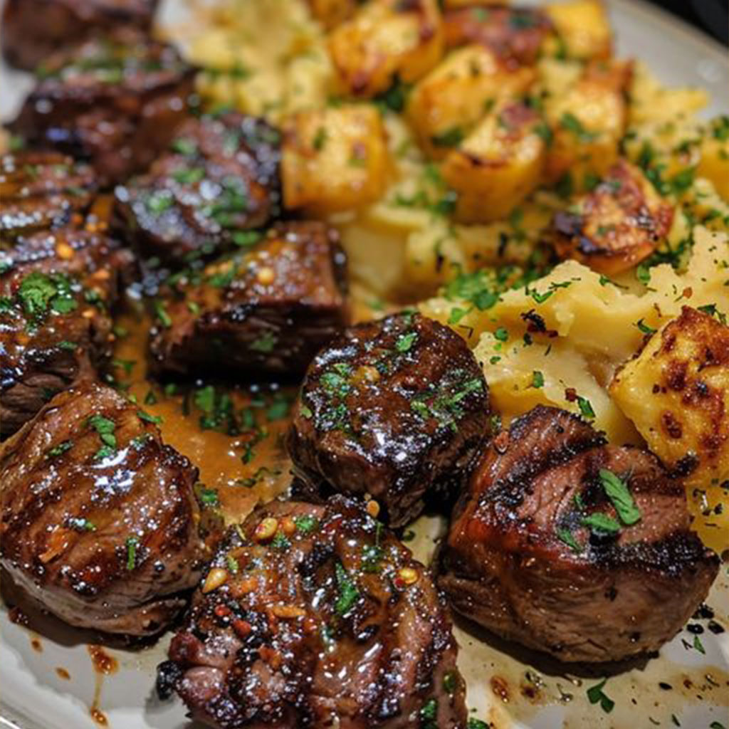 Garlic Butter Steak Bites with Cheesy Smashed Potatoes