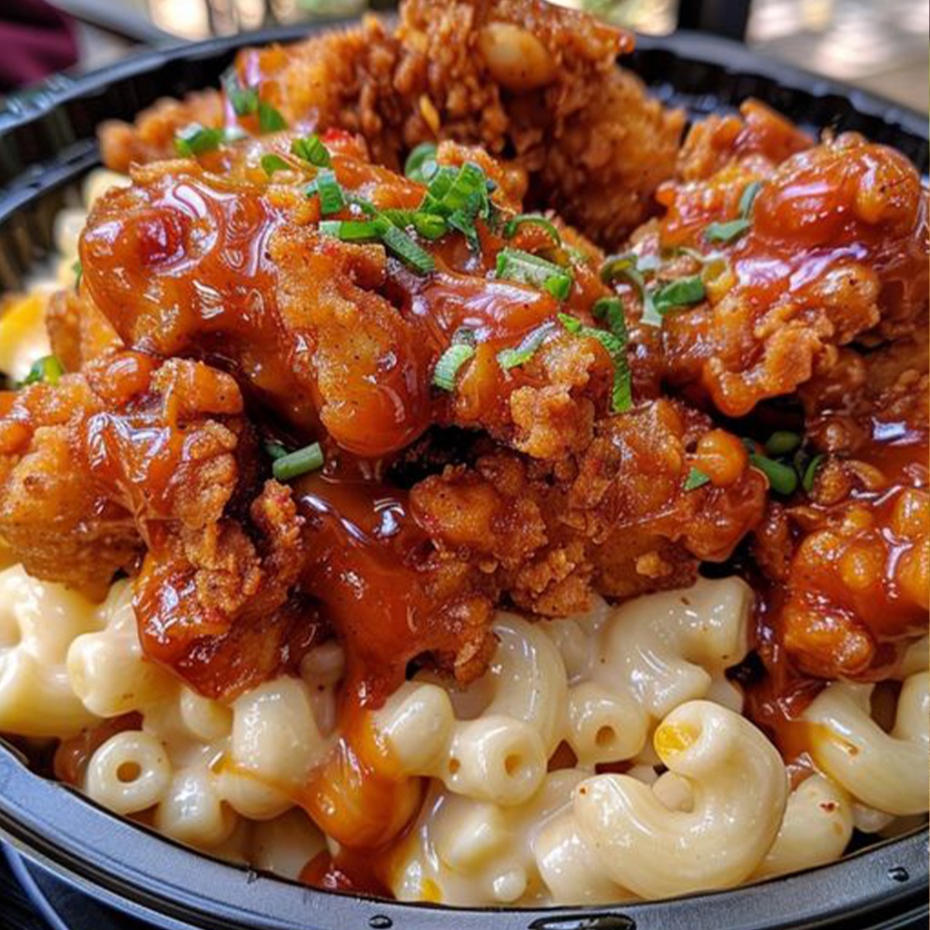 Honey Chipotle Chicken Tenders over Creamy Mac ‘n’ Cheese