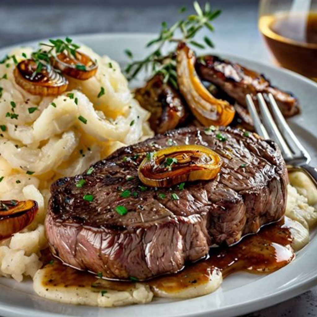 Ribeye Steak with Caramelized Onions and Mashed Potatoes