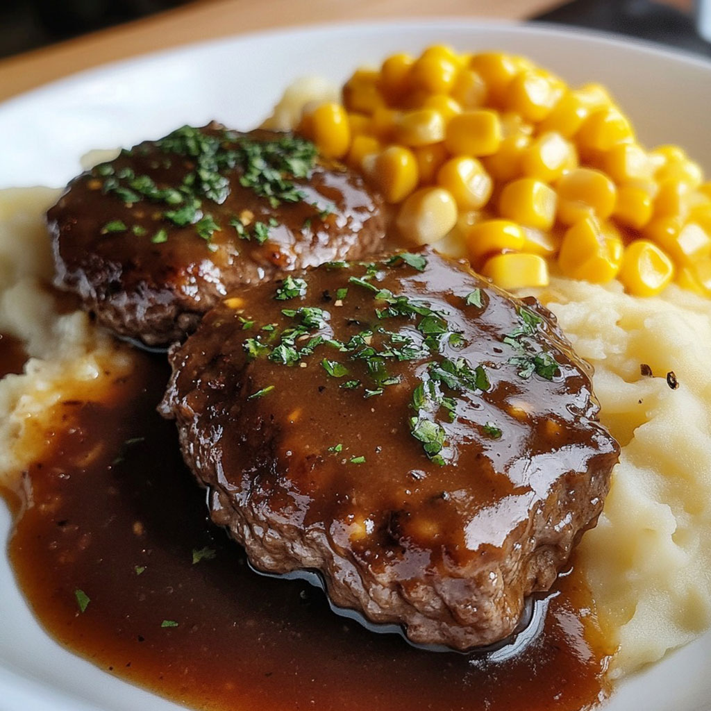 Salisbury Steak with Garlic Mashed Potatoes and Corn