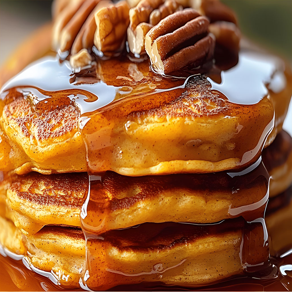 Pumpkin Pancakes with Cinnamon Pecan Syrup