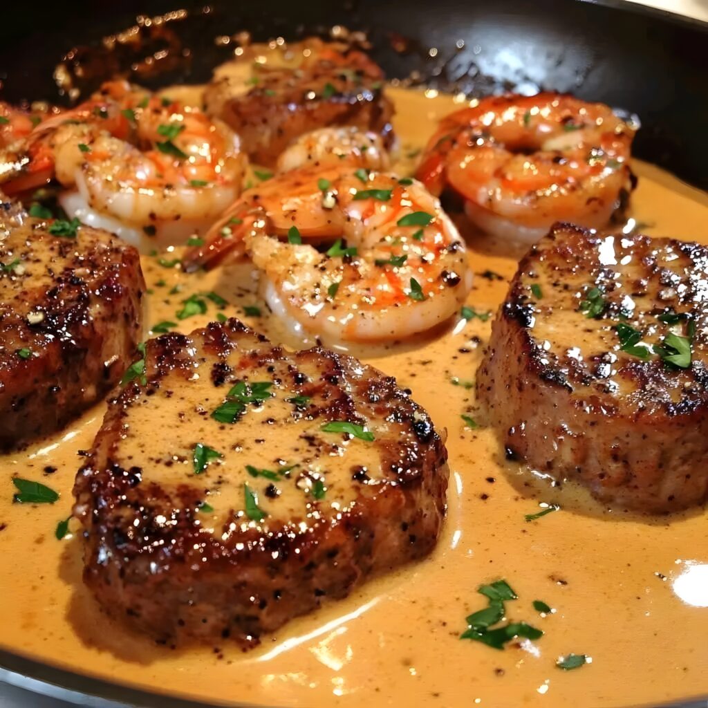 Steak in Creamy Cajun Shrimp Sauce