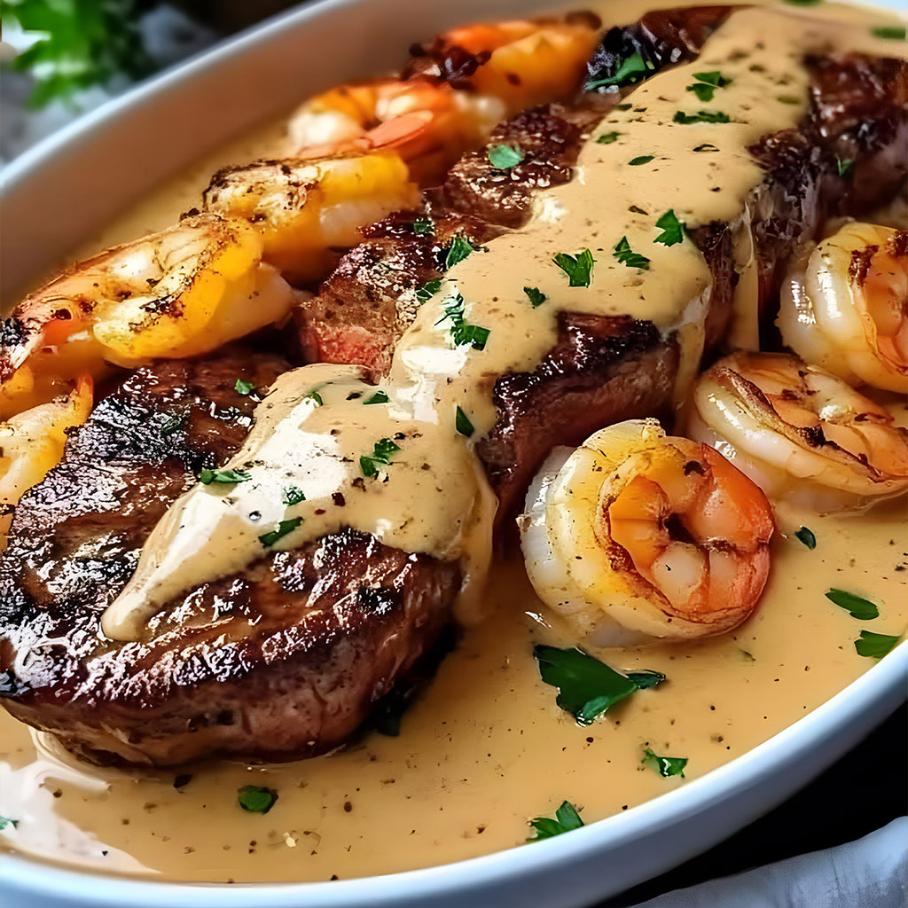 Steak in Creamy Cajun Shrimp Sauce