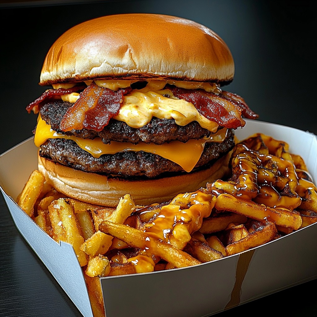 Double Cheeseburger with Bacon and Waffle Fries, Hamburger cheese fries, Bbq bacon cheeseburger fries, Hamburger and fries, Loaded fries recipe with ground beef, Burger sauce loaded fries, Bacon burger sauce
