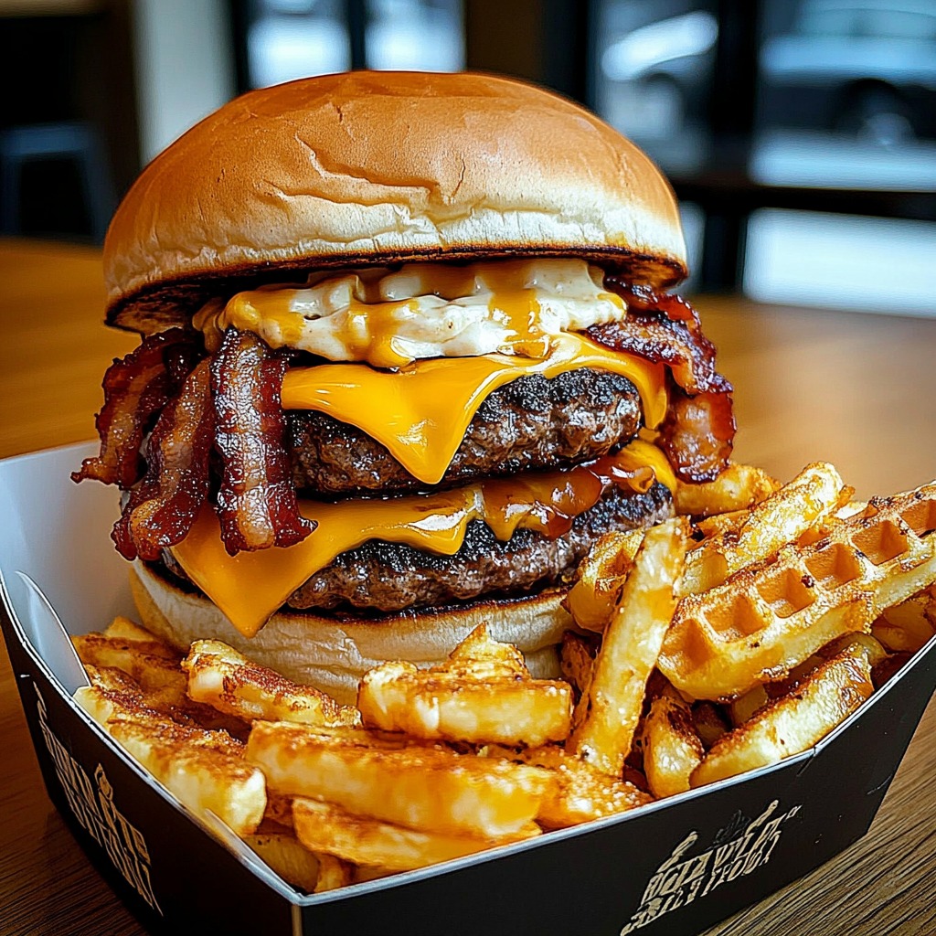 Double Cheeseburger with Bacon and Waffle Fries, Hamburger cheese fries, Bbq bacon cheeseburger fries, Hamburger and fries, Loaded fries recipe with ground beef, Burger sauce loaded fries, Bacon burger sauce