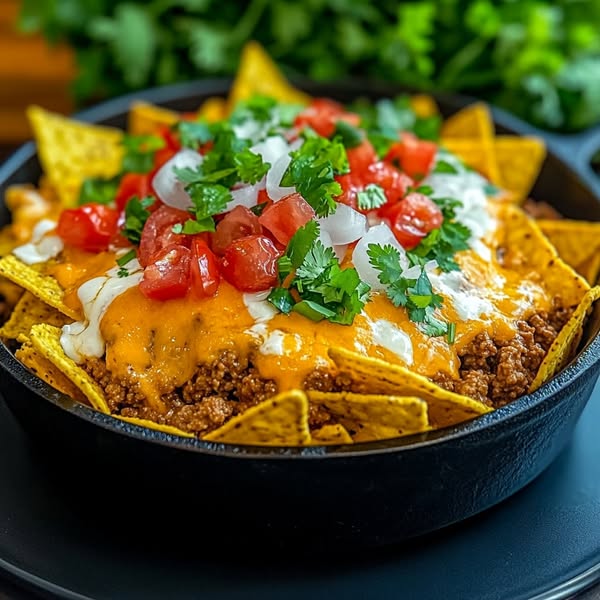 Loaded Cast Iron Nachos, Skillet nachos, Skillet nachos no oven, Skillet nacho dip, Dutch oven nachos in oven, Le Creuset Nachos, Nachos idea, Skillet Veggie nachos, Nachos recipe no beans, Nachos, CheesyGoodness, TacoTuesday, ComfortFood, FoodieFavorites, EasyRecipes, SnackAttack